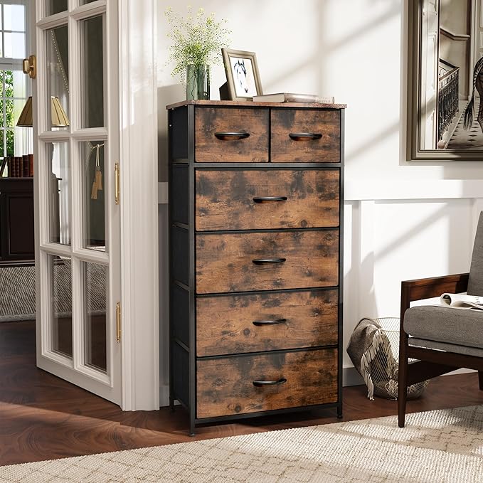 Fabric Dresser for Bedroom, Tall Skinny Dresser with 6 Drawers, Storage Organizer Tower, Steel Frame Wooden Top for Closet, Living Room, Hallway(Rustic Brown)