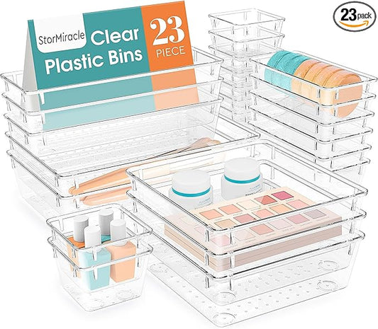 StorMiracle 23 PCS Drawer Organizer Set, 5 Varied Size Bathroom and kitchen Drawer cabinet organizer Trays, Clear Storage Bins for Makeup, Jewelry, Utensils and Gadgets