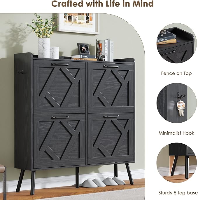 Nicetree Shoe Cabinet with 4 Flip Drawers, Hidden Shoe Rack Cabinet with Metal Legs, Farmhouse Narrow Shoe Storage Cabinet for Entryway, Foyer, Hallway, Black with Hook