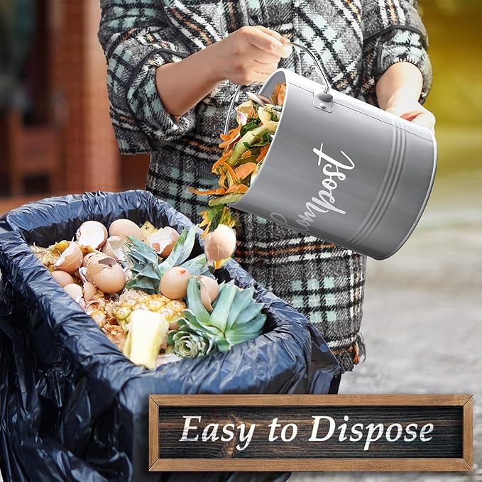 DAYYET Gray Compost Bin Kitchen, 1.3 Gallon Farmhouse Kitchen Compost Bin Countertop with Lid and Charcoal Filters, Indoor Compost Bucket for Decor and Accessories