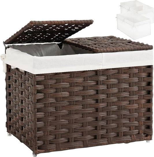 SETVSON Storage Basket with Lid Woven Wicker Baskets with 2 Separate Lid, 9.2 Gallon (35 L) Wicker Storage Bins with Handles, Foldable and 2 Removable Liner Bags for Bedroom, Laundry Room Brown