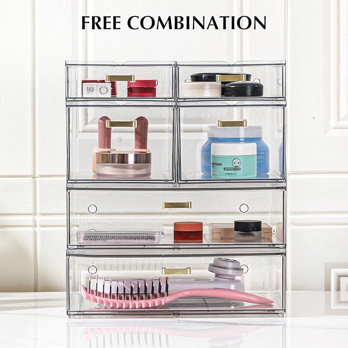 LALOBLUE Stackable Storage Drawers, 6 Pack Clear Acrylic Organizer Bins with Golden Handles, Multi-Size Plastic Drawers for Makeup, Vanity, Kitchen, Bathroom, Office, Pantry Organization and Storage