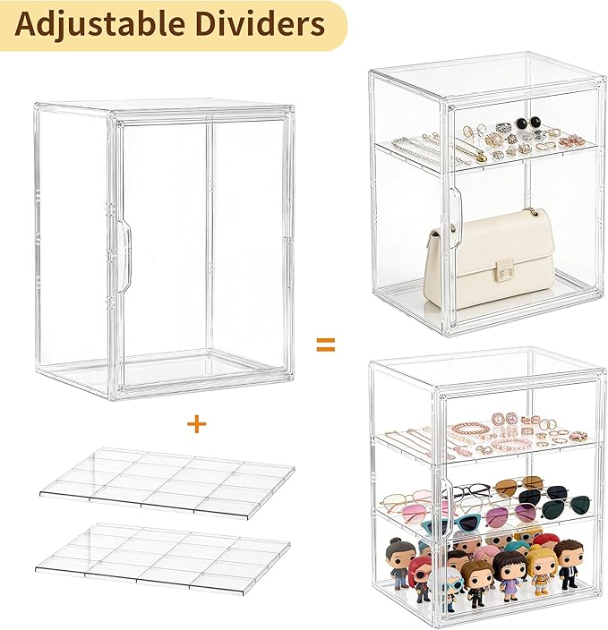 Acrylic Display Case for Collectibles, 3 Tier Clear Storage Bin with 3 Adjustable Layers and 2 Removable Divider, Stackable Clear Storage Box with Magnetic Door for Figures, Home or Office,Large