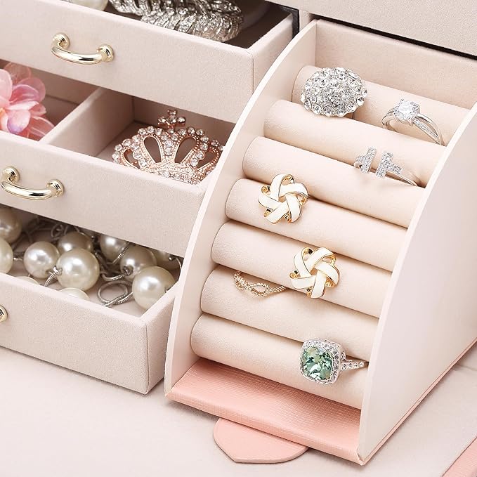 Vlando Mirrored Jewelry Box Organizer, Leather Jewelry Storage Case, Necklaces Earrings Rings Brackets Box Holder, Pink
