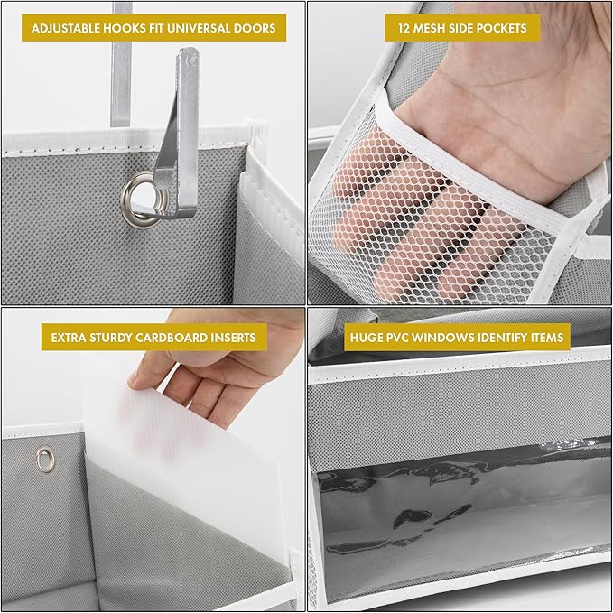 HOMELUX THEORY UPGRADED 6 Tiers Over The Door Organizer Hanging - 100D EXTRA THICK & 50lbs HUGE CAPACITY, 12 Side Mesh Pockets Over The Door Shoe Organizer, Hanging Closet Organizer (Light Gray, 2pc)