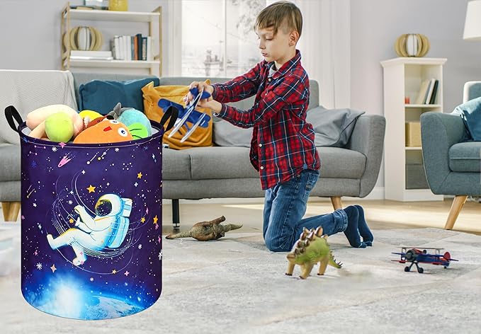 Collapsible Kids Laundry Basket Clothes Hamper, Foldable Storage Organizer Bin, Toy Clothes Storage with Handles for Boys Girls Bedroom, Room Decor Astronaut