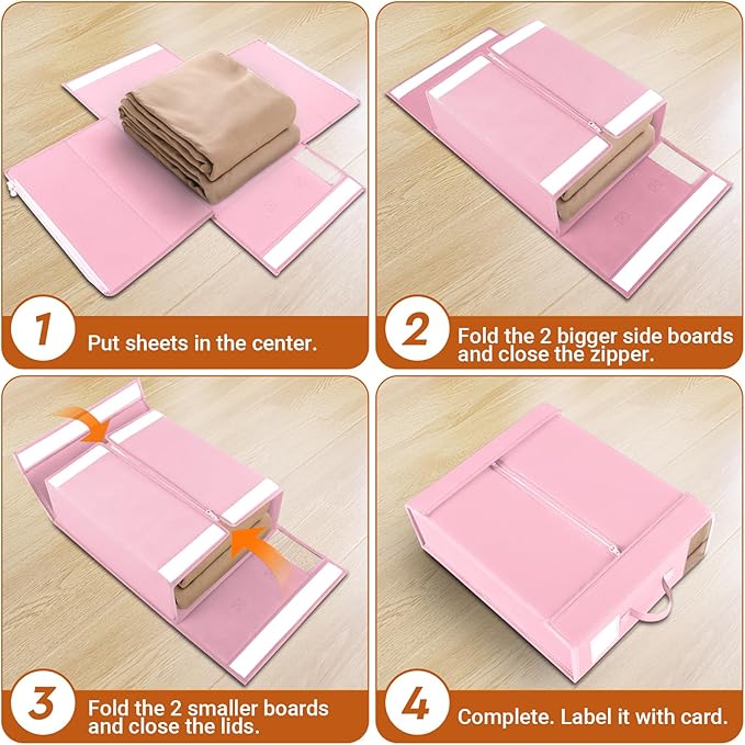 StorageTastic 2 Pack Bed Sheet Closet Organizers and Storage,Sturdy Foldable Storage Containers with Window and Label,Storage and Organization for Bedding Sheets,Duvet Covers,Blankets (Pink)