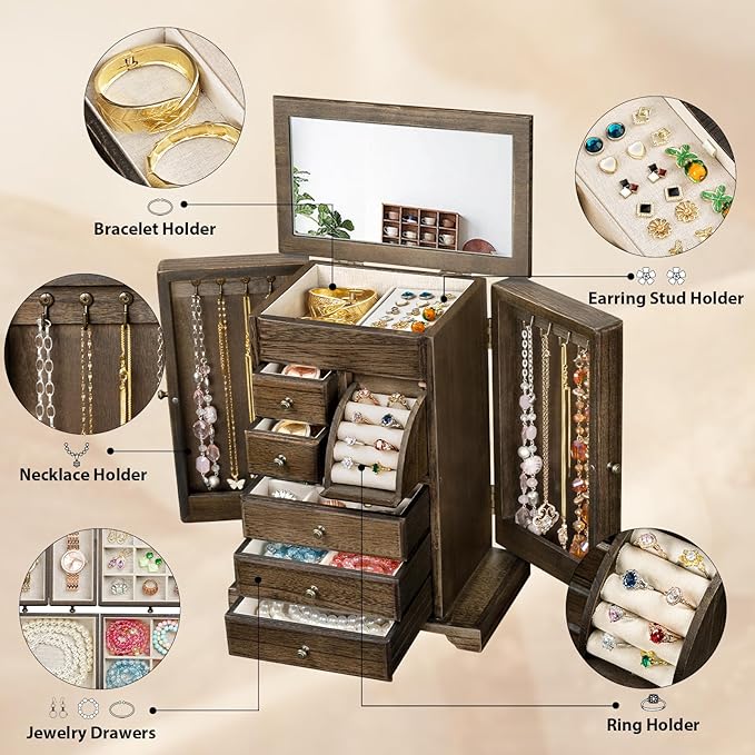 Jewelry Box for Women, Rustic Wooden Jewelry Boxes & Organizers with Mirror & Drawers,6 Layer Jewelry Organizer Box for Rings Earrings Necklaces Bracelets (Vintage)