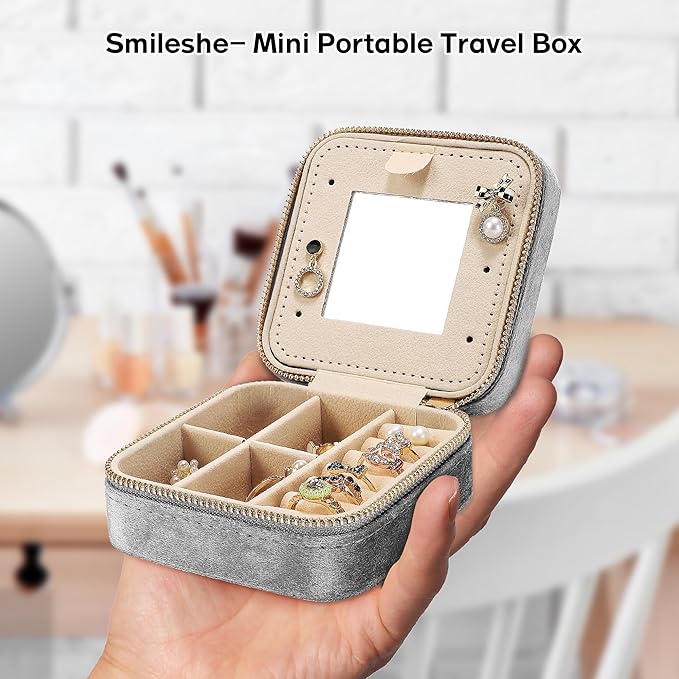 Velvet Travel Jewelry Box for Women - Small Portable Organizer, Storage Case for Rings, Earrings and Girls Necklaces, Ideal Gift for Travel (Gray)