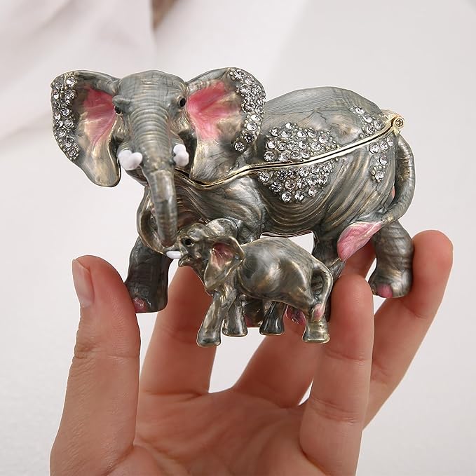 Hand Painted Animal Trinket Box for Home Decor, Hinged Jewelry Organizer Storage, Unique Personalized Collectible Keepsake Figurine Handmade Decorative Ornament Gifts (Mom & Baby Elephant)