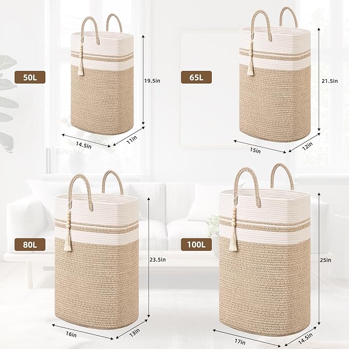 Woven Laundry Basket for Clothes, 50 L Large Rectangle Laundry Hampers with Beads Tassel, Nursery Storage Basket for Toys, Tall Dirty Clothes Hamper for Bedroom Aesthetic, Laundry Room Organization