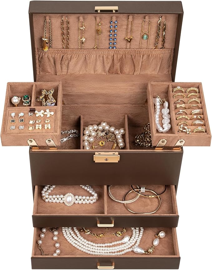 AKOZLIN Travel Jewelry Box Organizer Functional 2-trays Leather Jewelry Storage Case with Lockable Portable 2 Drawers for Women Girls Ring Necklace Earring Bracelet