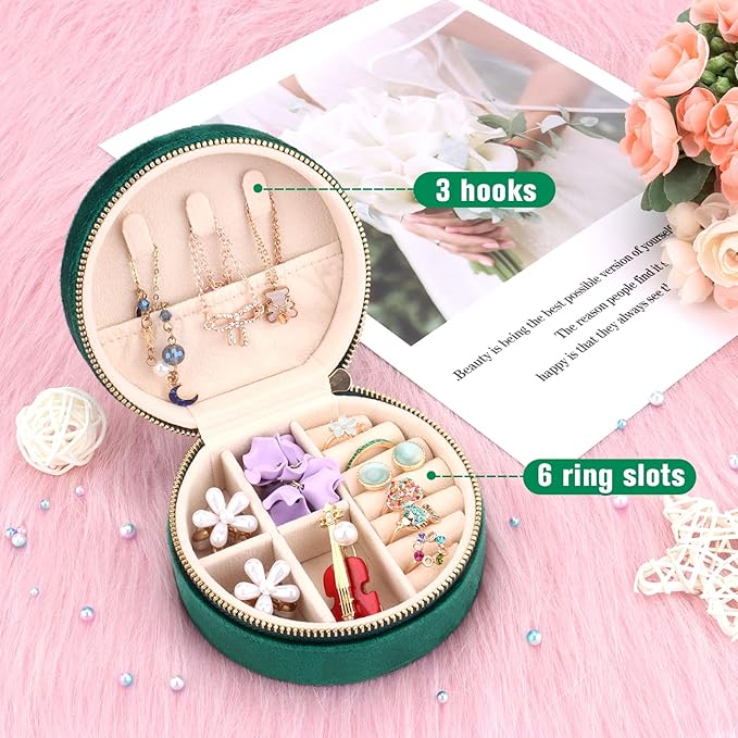 DesignSter Travel Jewelry Box - Velvet Mini Jewelry Organizer, Small Jewelry Case for Girls Women, Jewelry Storage Box for Rings Earrings Necklace (Circular, Emerald Green)