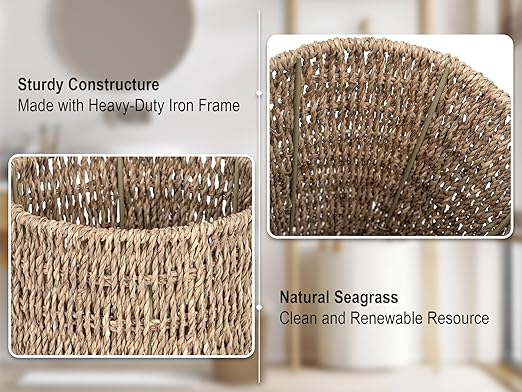 StorageWorks Wicker Waste Basket, Small Trash Can with Handwoven Seagrass, Wicker Garbage Can for Bedroom, Bathroom, 1 Pack