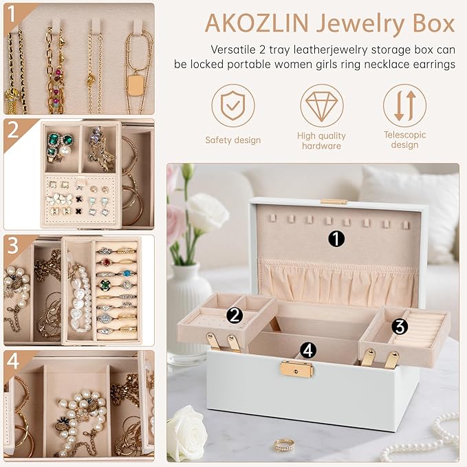AKOZLIN Travel Jewelry Box Organizer Functional 2-trays Leather Jewelry Storage Case with Lockable Portable for Women Girls Ring Necklace Earring Bracelet