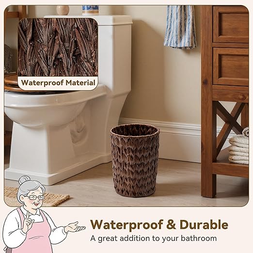 GRANNY SAYS Small Wicker Trash Can, 2 Gallon Bathroom Waste Basket, Small Bathroom Garbage Can, Plastic Trash Basket for Decor, Round Wastebaskets for Office, Bedroom, Cabinet, Brown