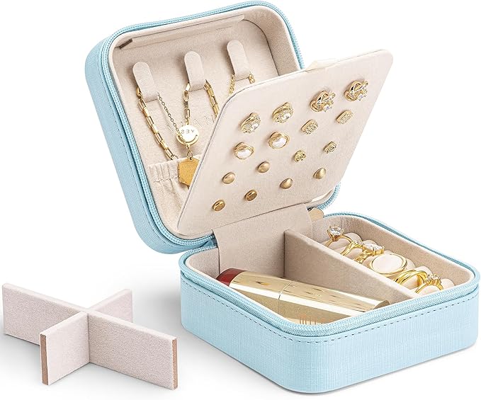 VLANDO Mothers Day Mom Gifts - Travel Jewelry Case, Small Travel Jewelry Organizer Box for Girls Women - Blue