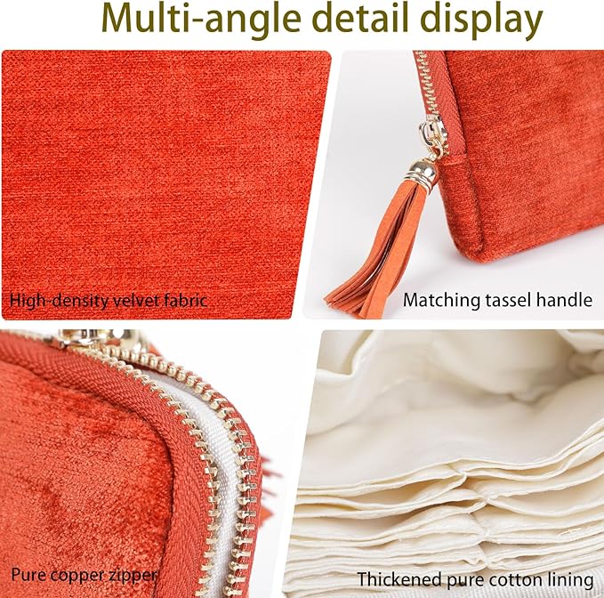 ASINGYER Travel Jewelry Storage Bag for Women, Velvet Portable Jewelry Organizer with Tassel Zipper, Small Pouches for Bracelets Necklaces Rings Earrings, Wedding Gift for Women (orange)