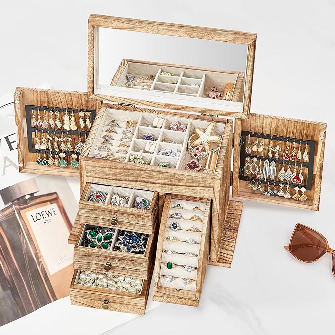 Poyilooo Jewelry Box Organizer, Solid Wood Jewelry Boxes fow Women with Mirror, Double Layer Jewelry Organizer Box Display Earring Necklace Bracelet Ring, Rustic Style Small Jewelry Box for Girls