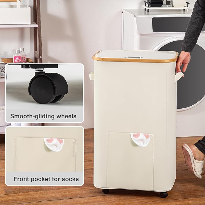 Vincona Laundry Basket with Wheels, Tall Dirty Clothes Hamper on Wheels, Rolling Laundry Hamper with lid for Dorm, Bedroom and Bathroom (Beige, 100L)