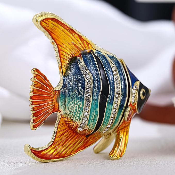 Hand Painted Animal Trinket Box for Home Decor, Hinged Jewelry Organizer Storage, Unique Personalized Collectible Keepsake Figurine Handmade Decorative Ornament Gifts (Angelfish)