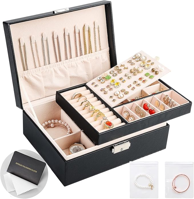 Jewelry Boxes for Women Girls 2 Layers leather Jewelry Organizer Case with Lock Storage Box Removable Tray for Necklace Earring Ring with Polishing Cloth and Jewelry Bags