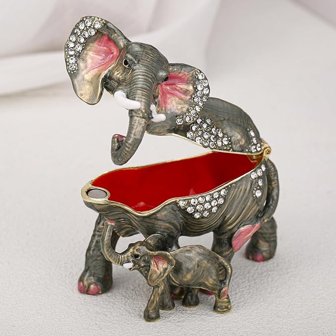 Hand Painted Animal Trinket Box for Home Decor, Hinged Jewelry Organizer Storage, Unique Personalized Collectible Keepsake Figurine Handmade Decorative Ornament Gifts (Mom & Baby Elephant)