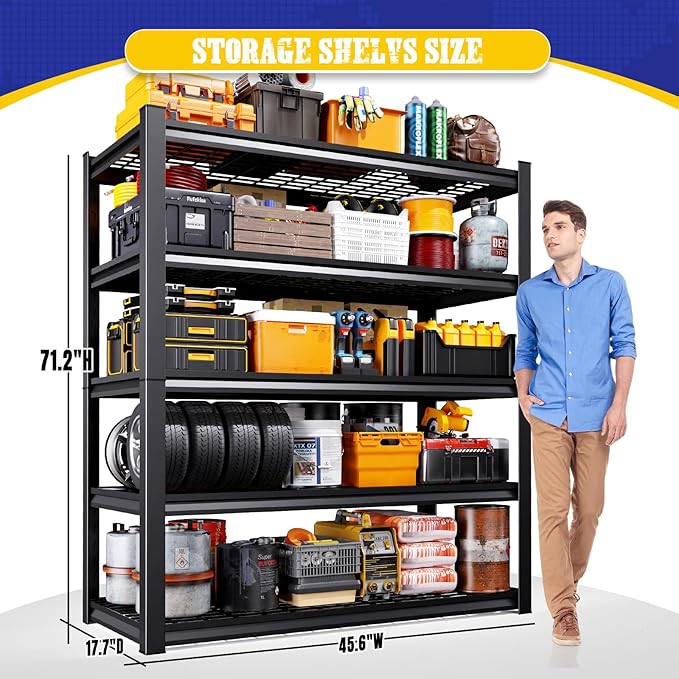 Set of 2 Garage Shelving Heavy Duty Storage Shelves, 5-Tier Adjustable Metal Shelving Unit, Utility Garage Organizer Shelf for Basement, Pantry, Kitchen, Warehouse,17.7" D x 45.6" W x 71.2" H
