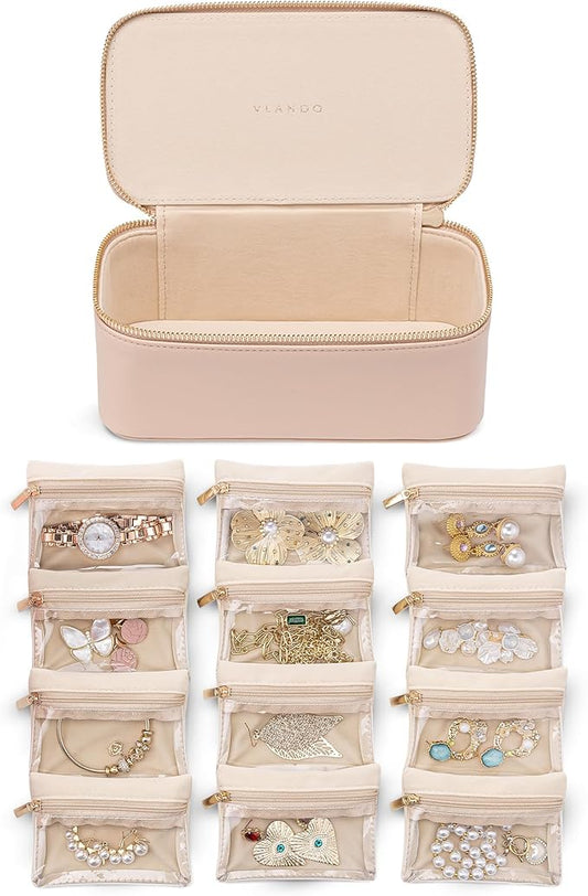 Vlando Jewelry Travel Case,Travel Jewelry Organizer with Clear Velvet Jewelry Bags 12Pcs Zipper Pouch for Women Wedding Gifts for Friends Sister-Khaki