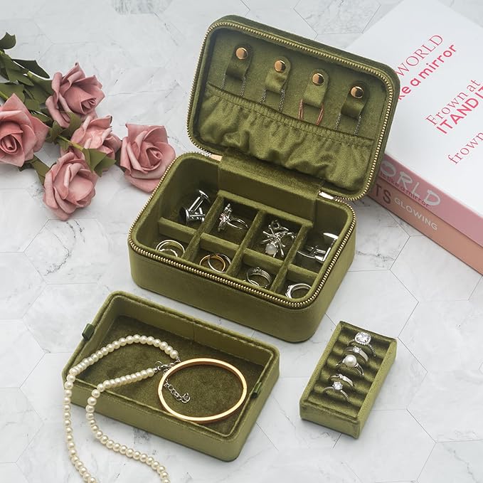 Velvet Travel Jewelry Organizer Box with Zipper Around Portable Accessory Display Tray Holder Storage Case for Multiple Earrings Rings Necklaces Bracelets (Olive Green)