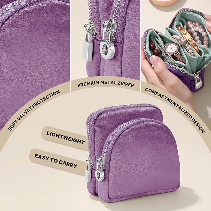Small Travel Jewelry Case Set 2-in-1 Detachable Velvet Pouches, Portable Jewelry Organizer Bag for Rings Earrings Bracelets, Gift Box for Women (Lavender Purple)