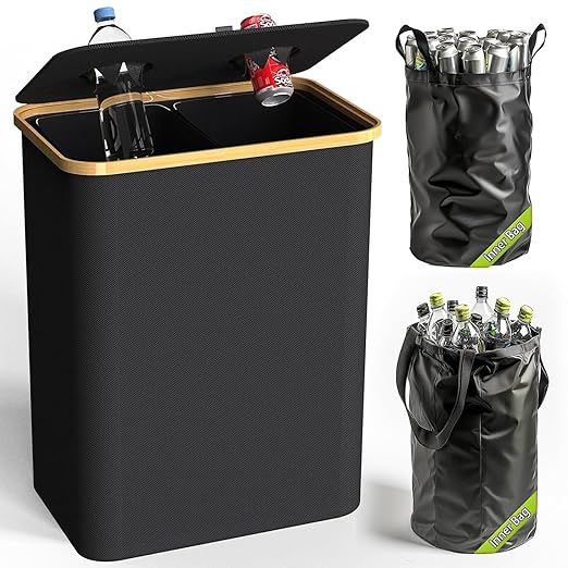 Recycling Bin Kitchen Indoor Home 40 Gallon 156L Recycle Bin with Lid 2 Removeable Reusable Inner Bag Bottle Can Glass Waste Plastice,Big Black