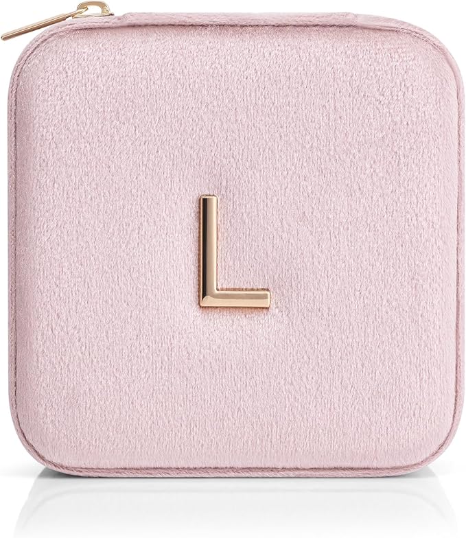 Vlando Small Travel Jewelry Box Organizer Display Case for Rings Earrings Necklaces Storage, Selected Soft Velvet, Letter L Engraved, Pink