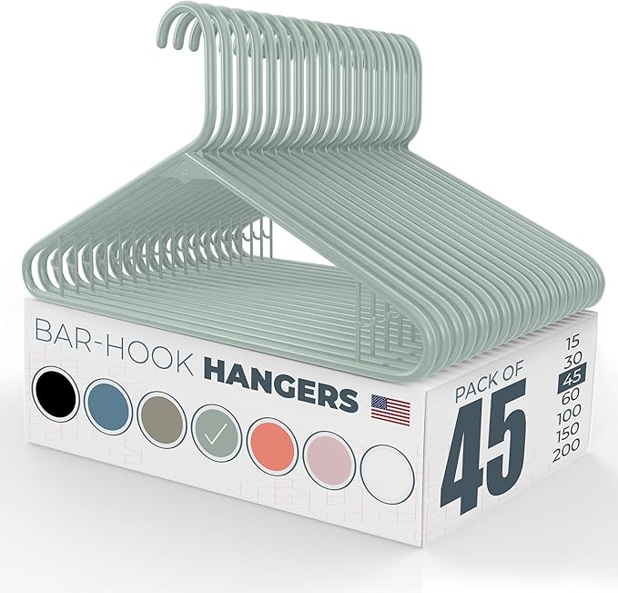 Neaties Plastic Hangers 45 Pack – Made in the USA – 6lb Capacity Standard Clothes Hangers with Strap Hooks for Dresses, Lingerie, Shirts, Pants, and Jackets – Mint