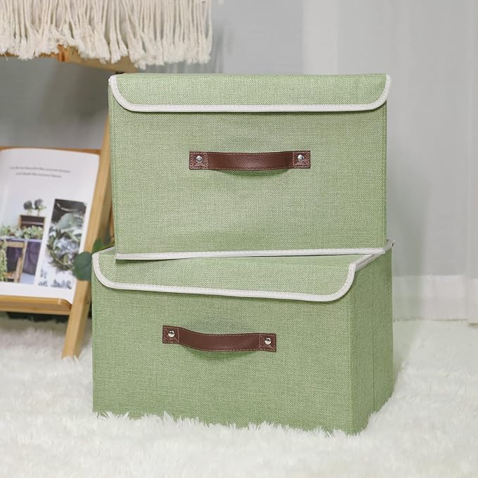 ANMINY 2PCS Storage Bin with Lid Storage Boxes with PU Leather Handles PP Plastic Board Decorative Foldable Lidded Cotton Linen Fabric Home Cubes Baskets Closet Organizer Container - Green, Medium