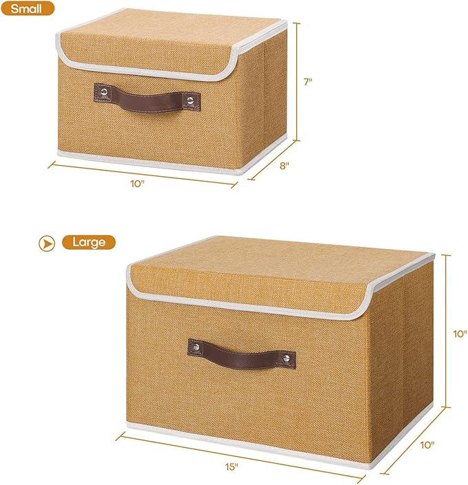 ANMINY Storage Bin with Lid Storage Boxes with PU Leather Handles PP Plastic Board Decorative Foldable Lidded Cotton Linen Fabric Home Cubes Baskets Closet Organizer Container - Khaki, Large Size