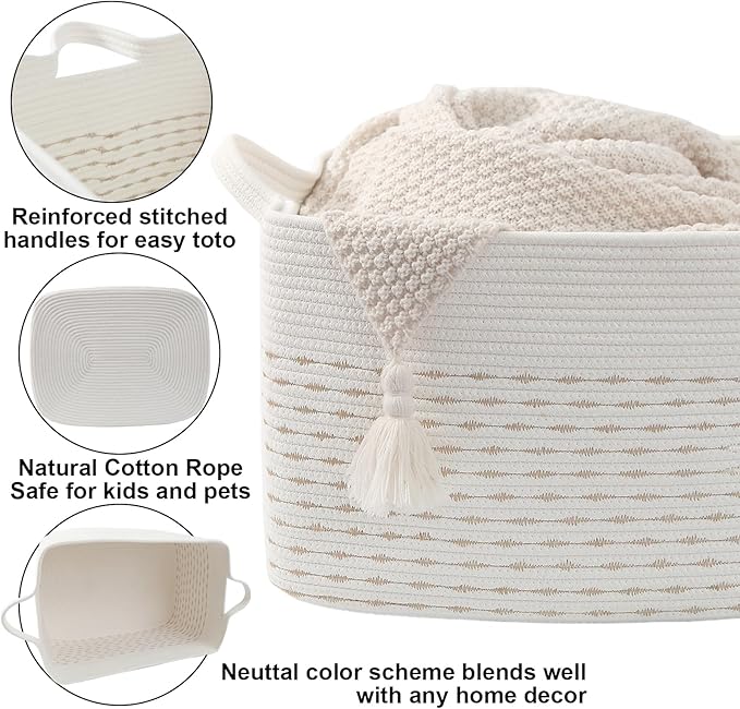 96L Large Blanket Basket,24"x16"x15"Rectangle Storage Bin with Handles,Woven Rope Laundry Basket for Toys, Clothes,Magazines,Home Organization,Nursery,Living Room & Bedroom,White&Yellow
