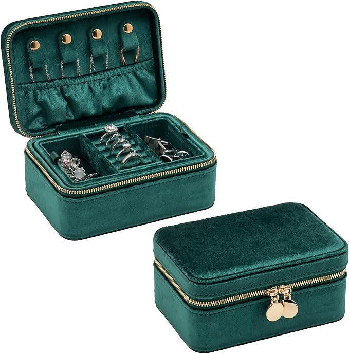 Velvet Travel Jewelry Organizer Box with Zipper Around Portable Accessory Display Tray Holder Storage Case for Multiple Earrings Rings Necklaces Bracelets (Green)