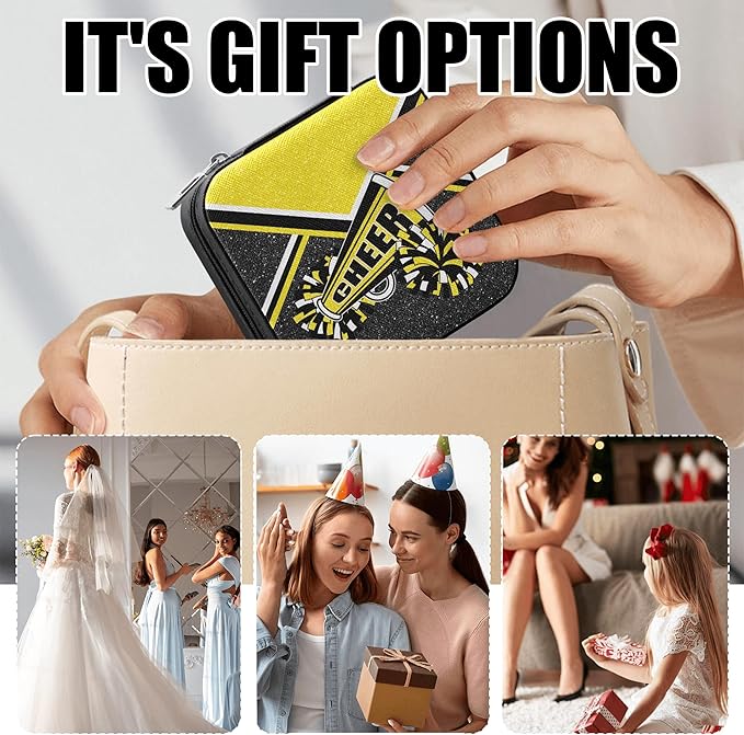 Cheerleader Travel Jewelry Case, Cheer Travel Jewelry Box for Women, Mini Jewelry Travel Case for Cheer Team, Cheerleader Gifts for Girls (Gold)