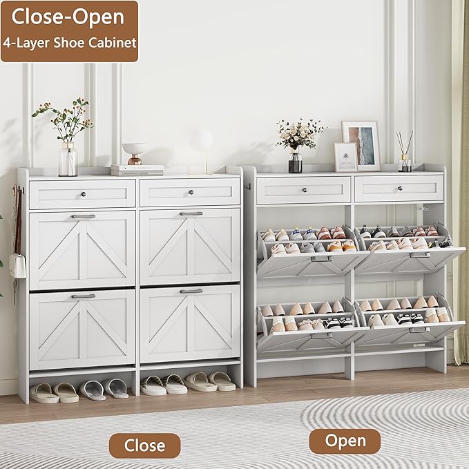 Shoe Cabinet with 4 Flip Drawers & 2 Top Drawers, 43" Tall Freestanding Shoe Storage Organizer for Entryway, Wooden Narrow Hidden Slim Shoe Rack for Front Door Entrance, Hallway, Living Room, White