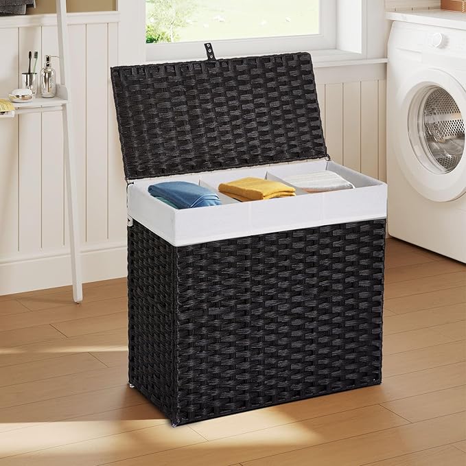 Greenstell Laundry Hamper with Lid, 125L Wicker Laundry Baskets with 2 Removable Liner Bags & 5 Mesh Laundry Bags, Handwoven Rattan Clothes Hamper with Handles for Clothes in Bathroom, Bedroom