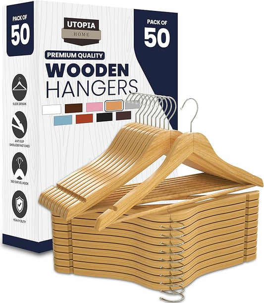 Utopia Home Premium Wooden Hangers 50 Pack - Durable & Slim Coat Hanger - Suit Hanger with 360-Degree Rotatable Hook - Wood Hangers with Shoulder Grooves (Natural Color)