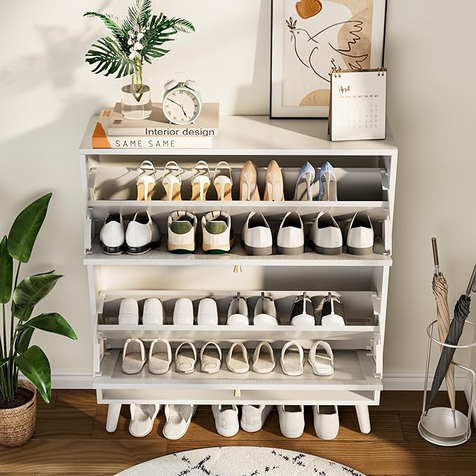 Fsbecl Shoe Storage Cabinet for Entryway with 2 Flip Drawers, Narrow Wood Shoe Cabinet with Fluted Panel, Freestanding Hidden Shoe Organizer for Foyer, Hallway (White - with Shelf)
