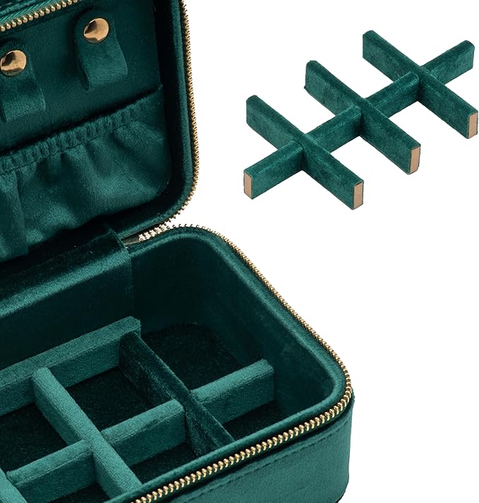 Velvet Travel Jewelry Organizer Box with Zipper Around Portable Accessory Display Tray Holder Storage Case for Multiple Earrings Rings Necklaces Bracelets (Green)