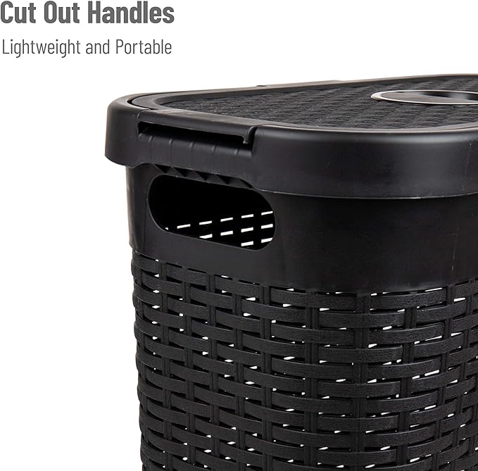 Mind Reader Slim Laundry Hamper with Lid, 40L Clothes Basket, Narrow Tapered Design with Ventilated Cutout Pattern, Plastic, Set of 2, Black