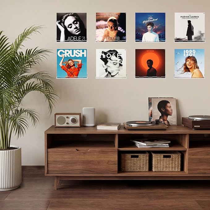 Optish 6 Pack Vinyl Wall Mount Shelf, 12" Vinyl Record Holder, Clear Record Shelf Display and Storage, Acrylic Shelves for Wall, Nursery, Living Room, Bedroom