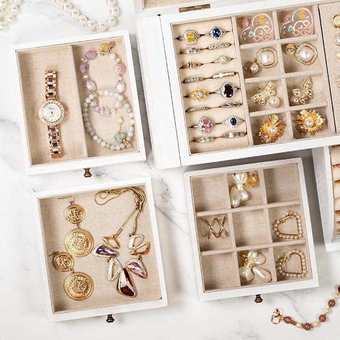 Poyilooo Jewelry Box Organizer, Solid Wood Jewelry Boxes for Women for Storage & Display Necklace Ring Earring Bracelet, Rustic Style Jewelry Organizer Box for Women Gifts (Weathered White)