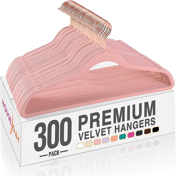 HOUSE DAY Lt Pink Velvet Hangers 300 Pack, Premium Clothes Hangers Non-Slip Felt Hangers, Sturdy Black Hangers Heavy Duty Coat Hangers, Durable Suit Hangers, Space Saving No Hanger Mark Rotating Hook