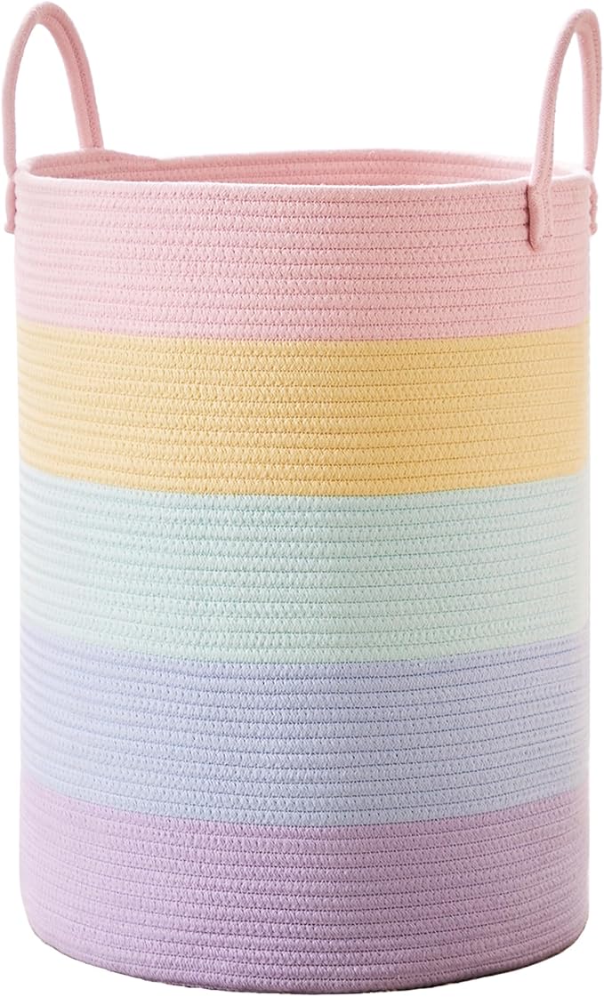 80L Extra Large Rainbow Laundry Hamper for Baby Girls Clothes Tall Woven Laundry Basket for Kids Nursery Toy in Playroom Blanket Basket for Living Room Bedroom 16"D x 22"H Pastel Unicorn