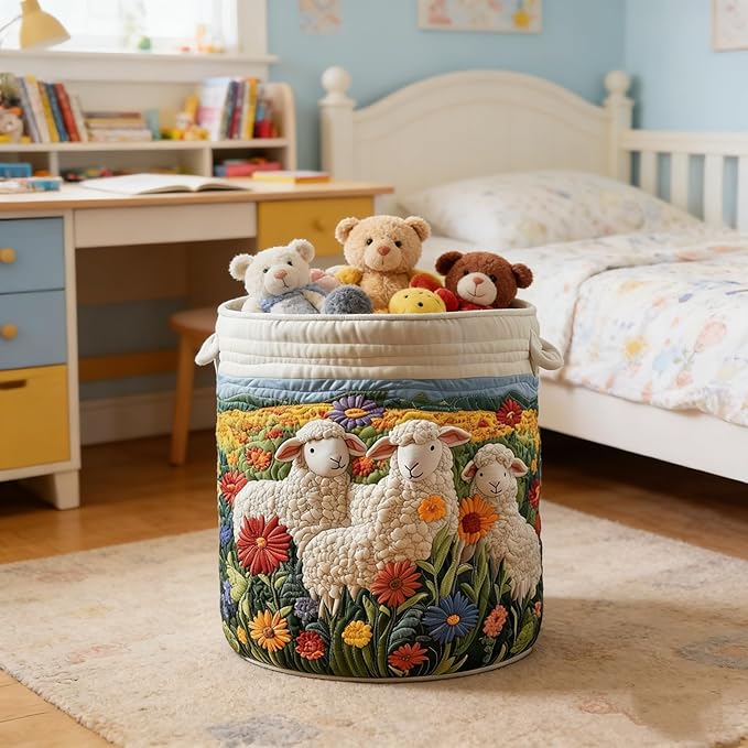 Quilted Laundry Basket with Handles, Boho Floral Fabric Storage Hamper, Large Soft Quilted Laundry Basket for Nursery, Bedroom, Laundry Room,Clothes & Toys (A, M)